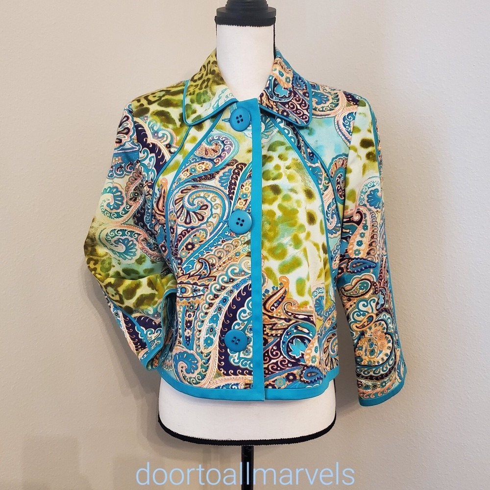 Harve Benard Turquoise Jacket Paisley Turquoise Women sz 8 Bohemian Coastal